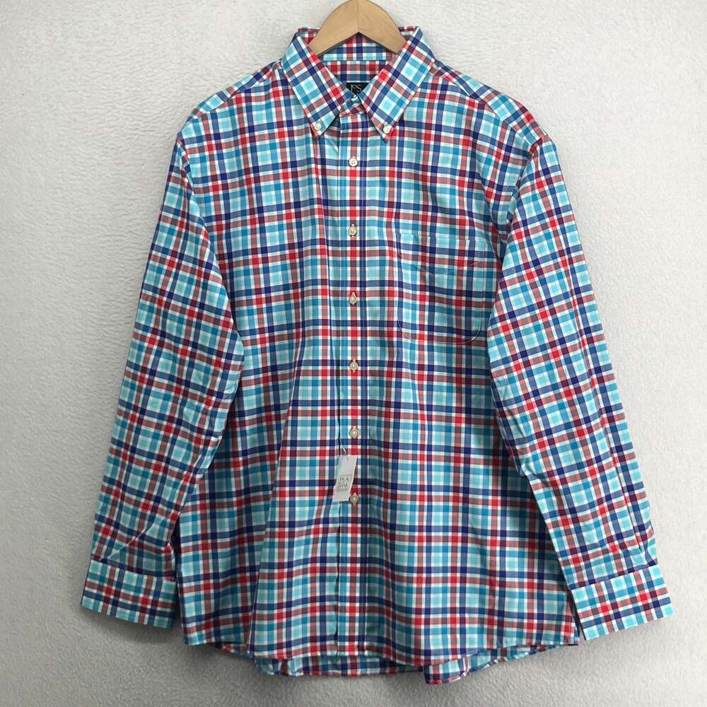 JOS A BANK Shirt Mens L Travelers Collection Plaid Poplin Cotton Blue NEW - Picture 2 of 13
